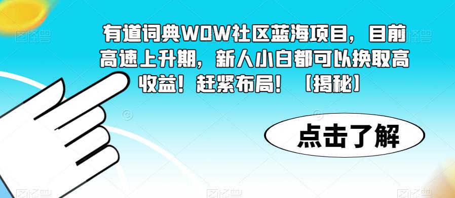 【副业项目6108期】有道词典WOW社区蓝海项目，目前高速上升期，新人小白都可以换取高收益！赶紧布局！【揭秘】-春生副业网 