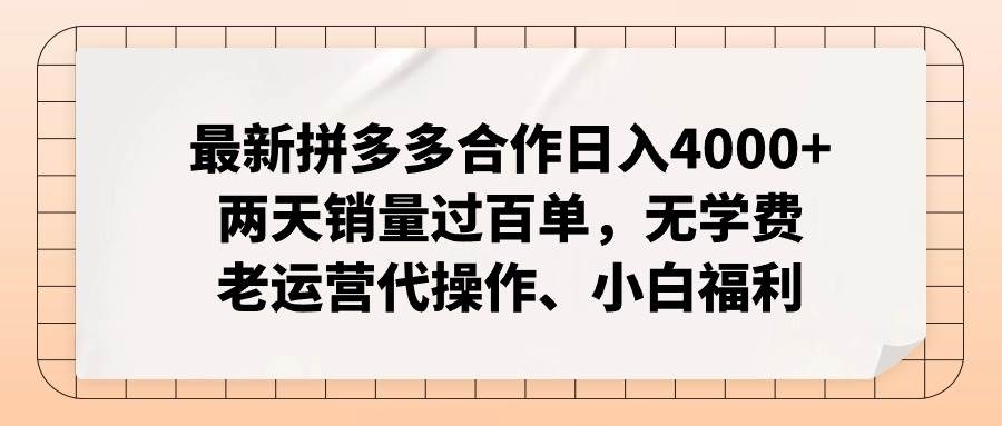 最新拼多多合作日入4000+两天销量过百单，无学费、老运营代操作、小白福利-春生副业网 