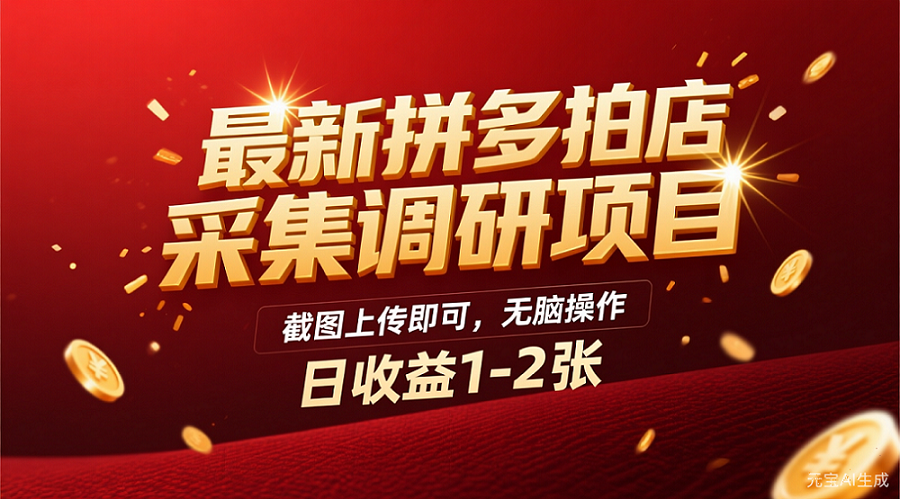 最新拼多多拍店采集调研项目，截图上传即可，无脑操作，日收益1-2张-春生副业网 