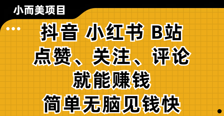 小而美的项目，抖音、小红书、B站视频点赞、关注、评论就能赚钱，简单无脑立见收益!妥妥的零撸项目-春生副业网 